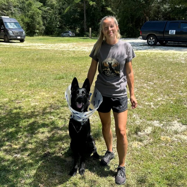 Pantera T-Shirt (Our trainer Emily in a Pantera T-Shirt with Pantera wearing a cone after her emergency surgery.)