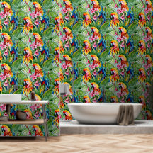 Papagaios de cor clara e flores tropicais