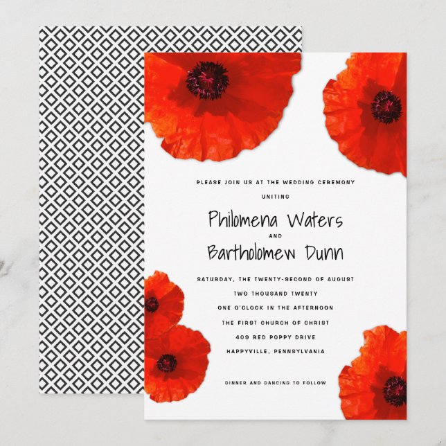 Papagaios Vermelhos Brancos em Convites de Casamen (Frente/Verso)