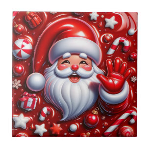 Papai Noel 3D Alegre em Azulejos Vermelhos