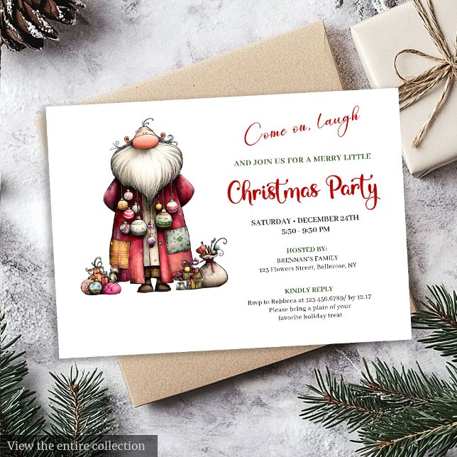 Papai Noel Alegre e Divertido Convites Minimalista (Lively Funny Santa Minimalist Watercolor Invitation)