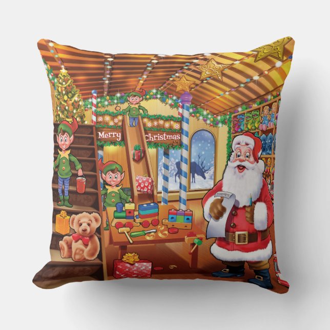 Papai noel, almofada detalhada com Elves! (Frente)