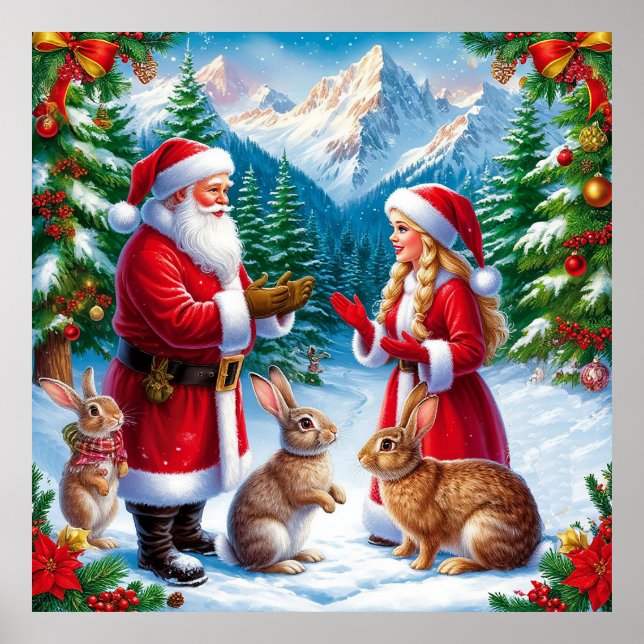 Papai Noel e Coelhos Decoração de Parede de Invern (Frente)