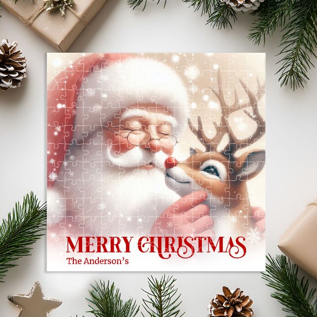 Papai Noel e Rudoflho Personalizado Quebra-Cabeça  (Santa and Rudolph Custom Winter Puzzle Great Kids Gift)
