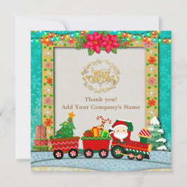 Papai Noel em trem com presentes e árvore de Natal