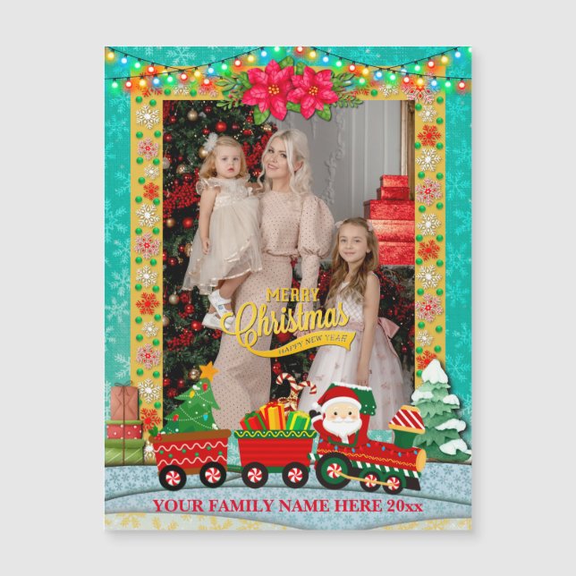 Papai Noel em trem com presentes e árvore de Natal (Frente)