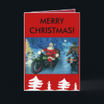 Papai noel em um cartão de Natal de Harley<br><div class="desc">Diga o Feliz Natal esta estação com esta o papai noel que monta através de um país das maravilhas do inverno do Natal! Tenha um Harley,  Natal de Harley!</div>