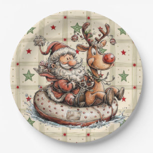 Papai Noel engraçado e Rudolf em um prato de papel
