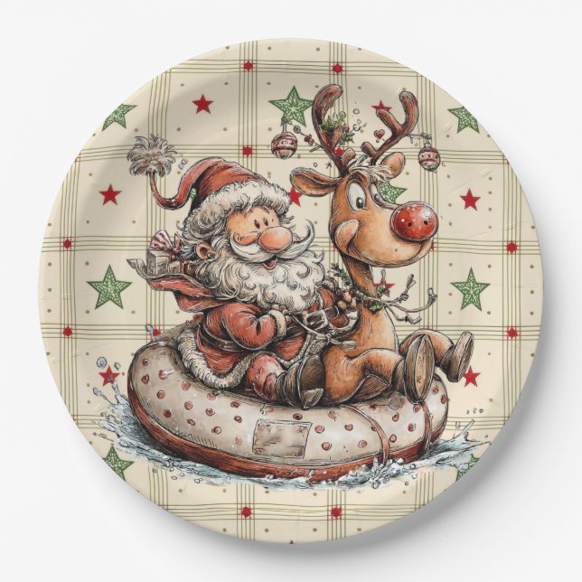 Papai Noel engraçado e Rudolf em um prato de papel (Frente)