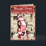 Papai noel engraçado e seu cartão de Natal do cão<br><div class="desc">A parte dianteira do cartão tem uma imagem do vintage do papai noel e do seu buldogue. O papai noel tem seus polegares em no seus suspenders e riso.  Este era um anúncio do vintage dos suspenders do buldogue.  O cumprimento diz cumprimentos do papai noel e do Bubba.</div>