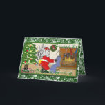 Papai noel engraçado no cartão de Natal do fogo<br><div class="desc">O papai noel engraçado das mostras deste cartão está beijando sua esposa adeus e inflama acidentalmente sua calças de uma das velas na árvore de Natal. O cumprimento diz a "emissão lhe de cartões de natal mornos". Isto é desenhado mão em um fundo das caras do papai noel. Você pode...</div>