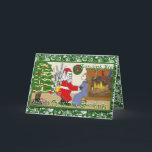 Papai noel engraçado no cartão de Natal do fogo<br><div class="desc">O papai noel engraçado das mostras deste cartão está beijando sua esposa adeus e inflama acidentalmente sua calças de uma das velas na árvore de Natal. O cumprimento diz a "emissão lhe de cartões de natal mornos". Isto é desenhado mão em um fundo das caras do papai noel. Você pode...</div>