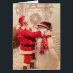 Papais noeis e Cartão de Saudação Snowman<br><div class="desc">Ho Ho! É Natal e Papais noeis estão construindo um boneco de neve. Nostalgia a esta fantástica imagem de feriado. O dentro do cartão diz "Feliz Natal!"</div>
