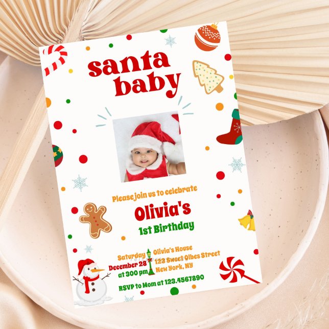Papais noeis Foto para bebê Convite para primeiro  (Christmas Photo Invitation, Santa Baby, Christmas Birthday Invite, Cute Christmas Invite, Holiday Th)
