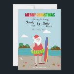 Papais noeis no cartão de feriado na praia<br><div class="desc">Um cartão de Natal bonito com uma paisagem costeira e Papais noeis em seu traje de praia. (Vetor de Natal criado por freepik - www.freepik.com). O cartão é fácil de personalizar com suas opções de texto, fonte, cor da fonte e forma de papel. Não exatamente o que você está procurando?...</div>