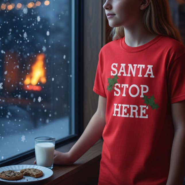 Papais noeis Param Aqui Engraçados T-Shirt Feriado (Santa Stop Here! Fun and festive t-shirt to wear during the Holiday Season)
