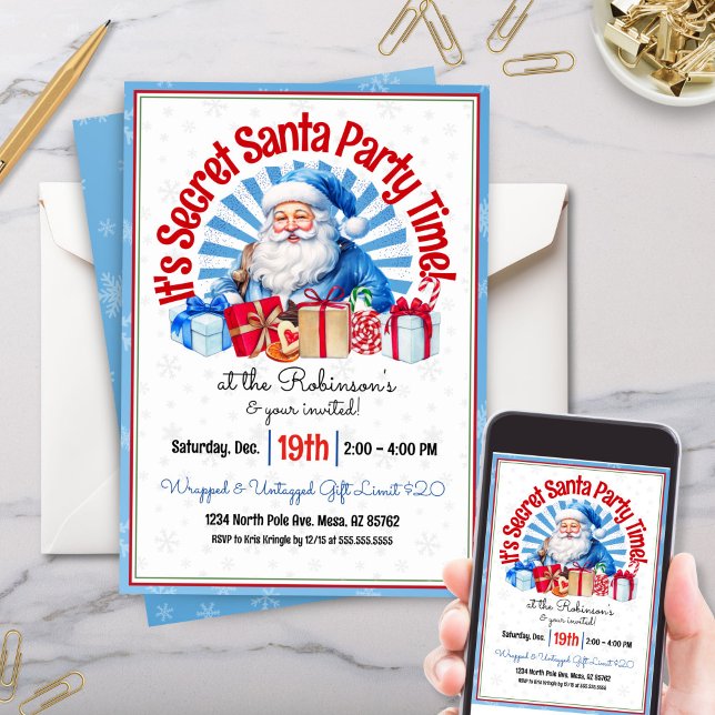 Papais noeis Secretos Azuis e Bonitos Convite de f (Blue Christmas secret santa party invitations for holiday party or gift exchange white elephant)