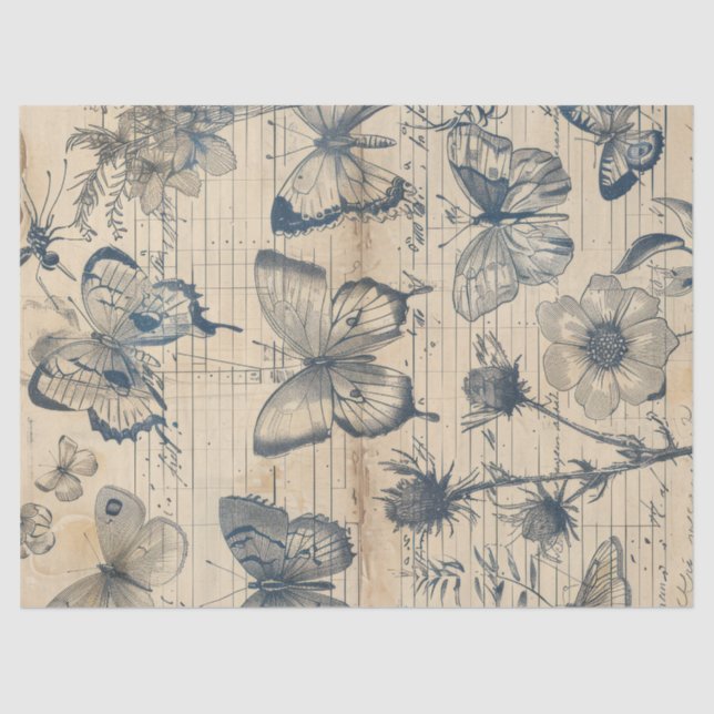 Papel antigo com rosas de borboletas de tinta mono (Frente )