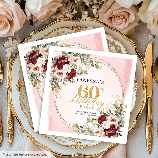 Papel Boho Marsala Gold Roses Elegantes Guardanapo de 60 (Boho Marsala Gold Roses Elegant 60 Birthday Napkins)