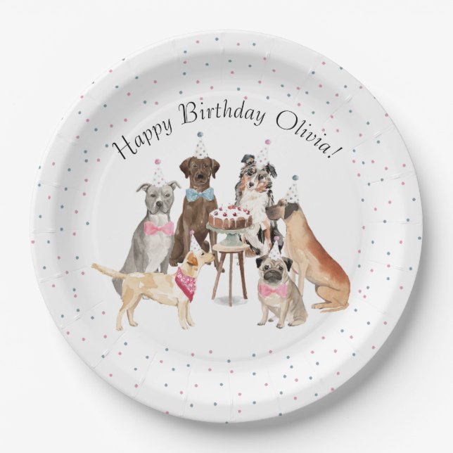 Papel Cachorro Cachorro Feliz Prato de Aniversário (Frente)