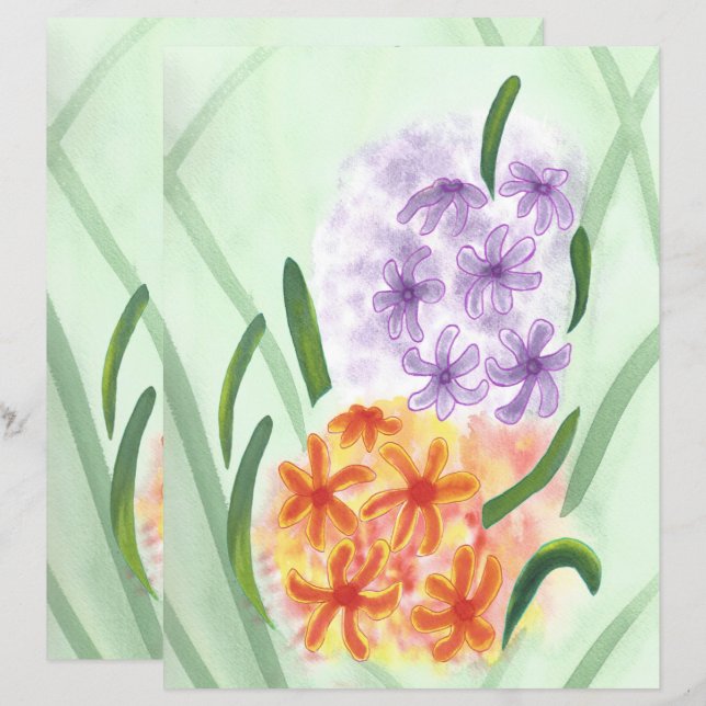 Papel-cartilha laranja e roxo para flores de Hyaci (Frente/Verso)