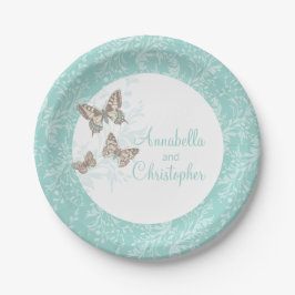 Papel Casamento 3 borboletas de tinta prato branco teal