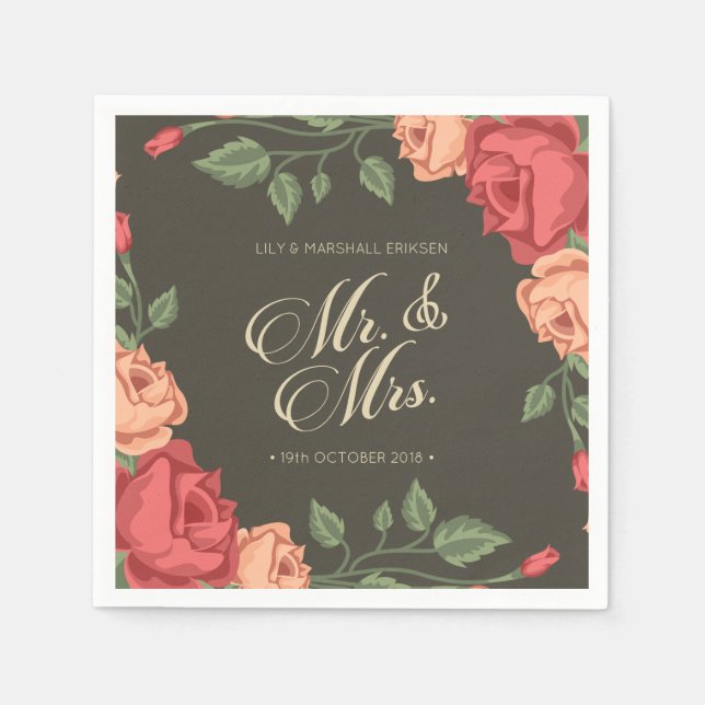 Papel Casamento Mr & Mrs Floral Elegante | Guardanapo de (Frente)