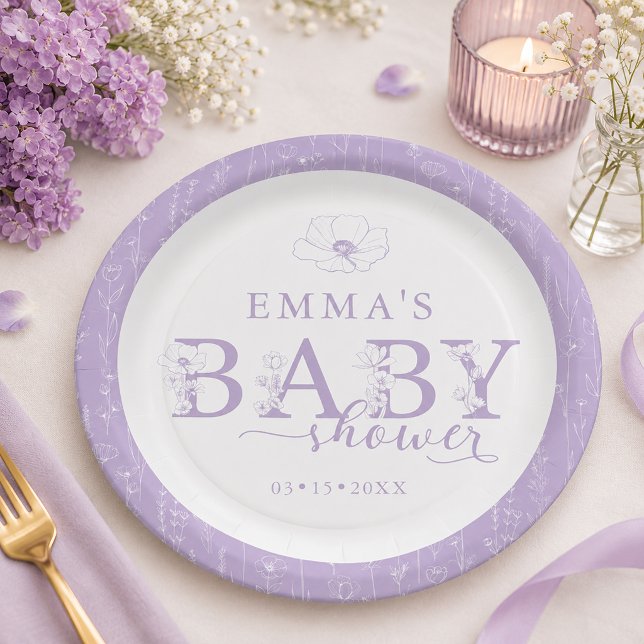 Papel Chá de Bebê Wildflower | Prato Floral Lavanda (Lavender Baby Shower Paper Plate)