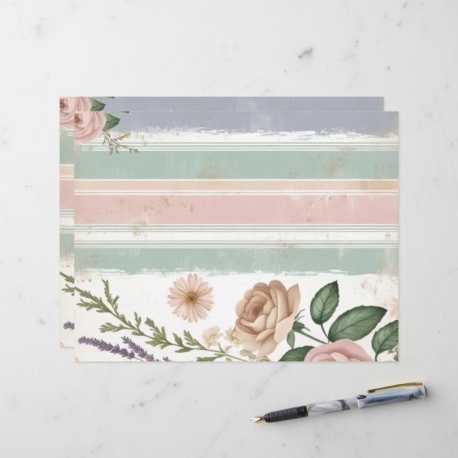 Papel Craft Floral Listrado Pastel Rosa para Álbum (Frente/Verso In Situ)