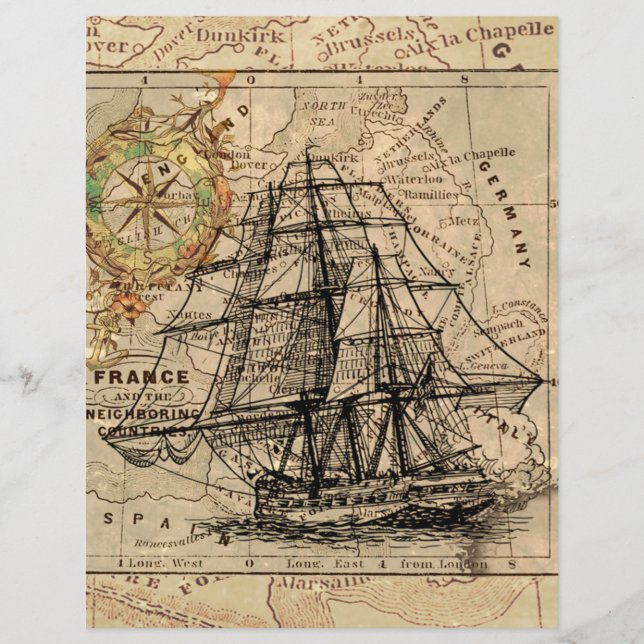 Papel de álbum de recortes de navio vintage antigo (Frente)