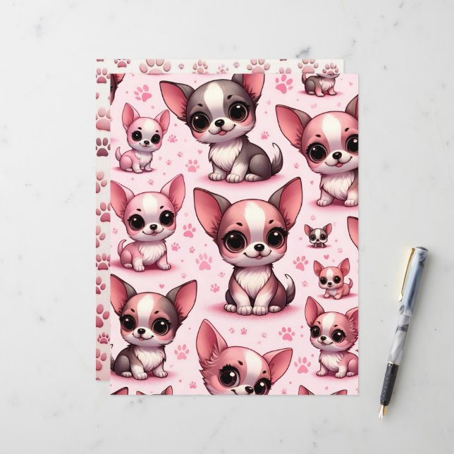 Papel de cãozinho chinês e branco rosa Chihuahua (Frente/Verso In Situ)