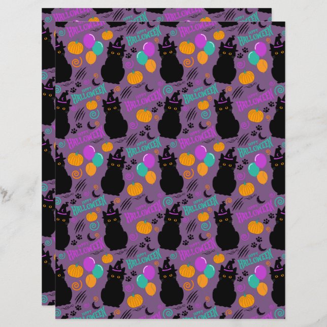 Papel de Capa de Gato Halloween em Roxo (Frente/Verso)