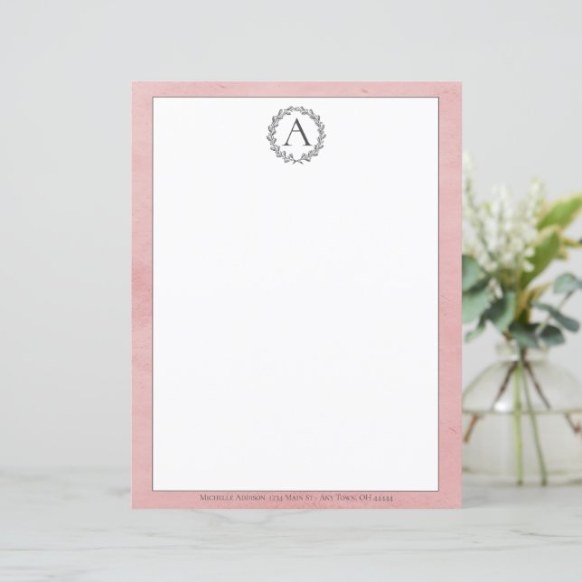Papel de carta de monograma cor-de-rosa (Em pé/Frente)