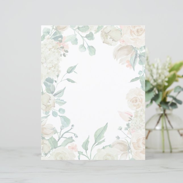 Papel de carta floral - rosas de aquarela creme (Em pé/Frente)