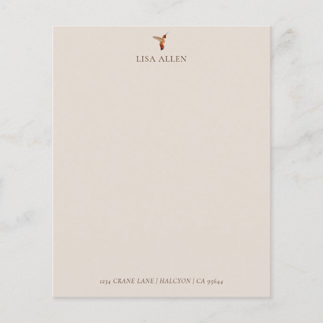 Papel de Carta Hummingbird de Ecru Allen Personali (Frente)