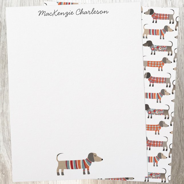 Papel de Carta Personalizado de Cão de Enchimento (Dachshund Wiener Sausage Dog personalized name stationery)