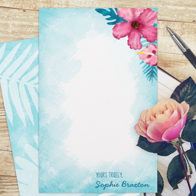 Papel de Carta Personalizado de Hibiscus Rosa Trop (tropical pink hibiscus flower turquoise budget personalized letter writing stationary paper sheets)