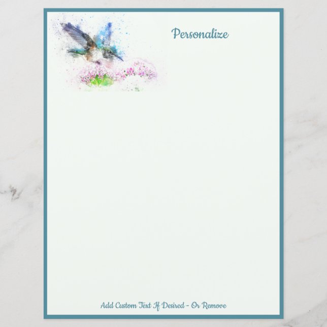 Papel de carta Personalizado de Hummingbird Azul E (Frente)
