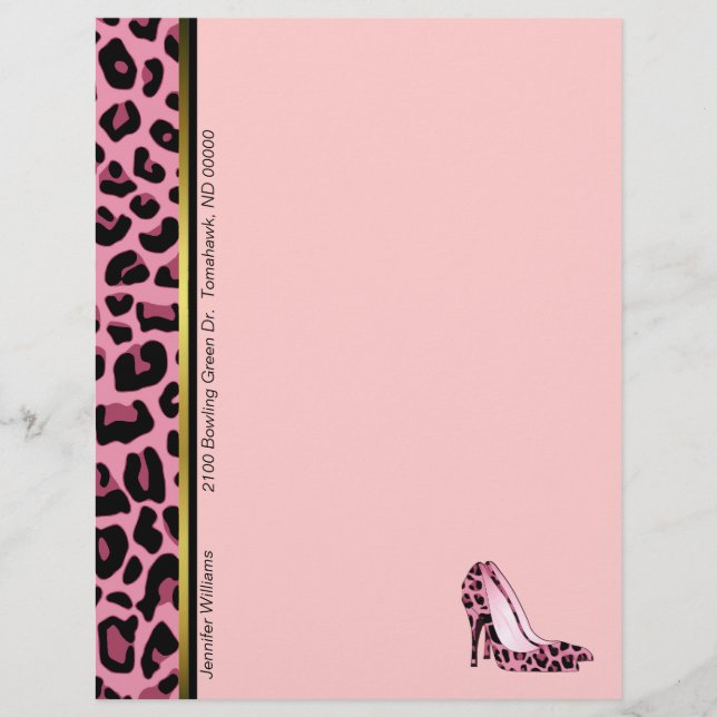 Papel de Carta Personalizado de Leopardo Cor-de-Ro (Frente)