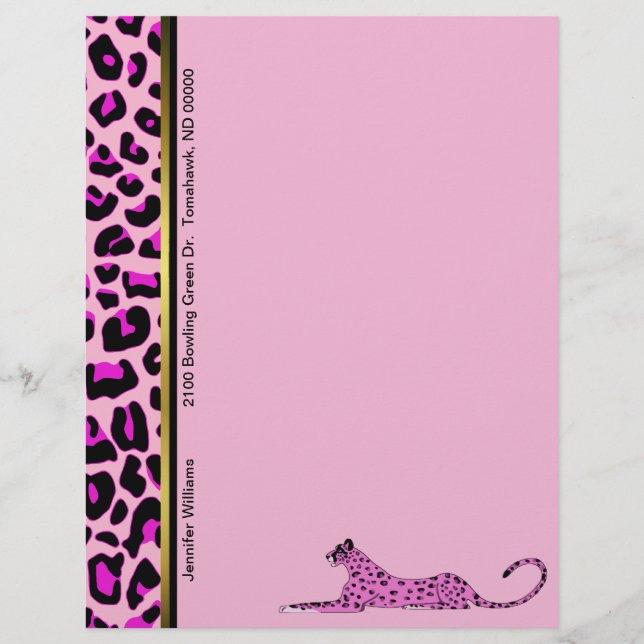 Papel de Carta Personalizado de Leopardo Cor-de-Ro (Frente)