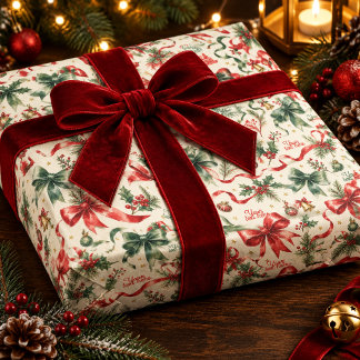 Papel de embrulho aquarela com laços de Natal e az