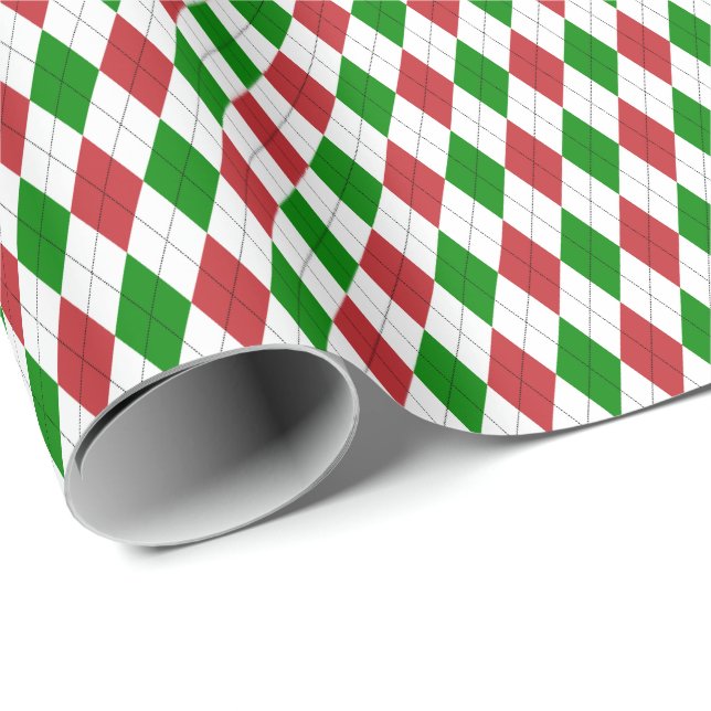 Papel de embrulho Argyle vermelho escuro, verde e  (Ponta do rolo)