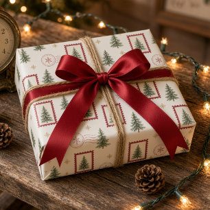 Papel de embrulho Árvore de Natal Selo Postal Vint
