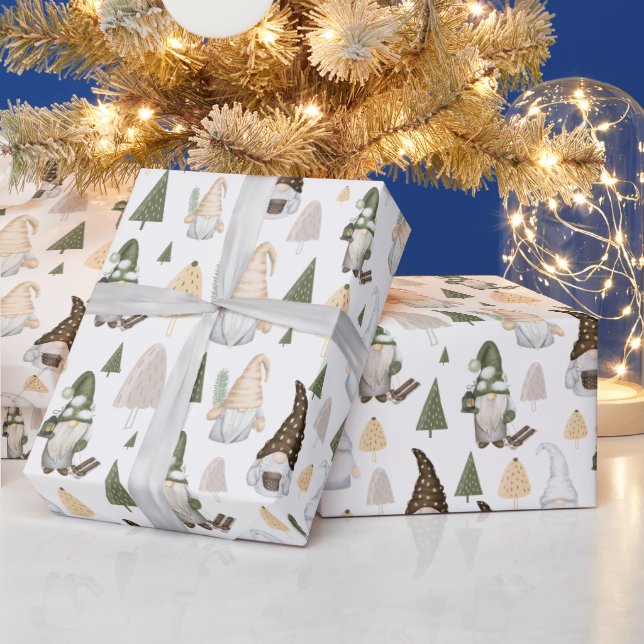 Papel de embrulho Árvores Gnomos de Inverno Branco (Feriados)