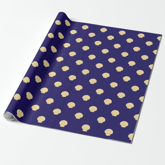 papel de embrulho azul marinho com vieiras dourada (Desenrolado)