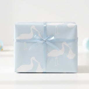Papel de embrulho azul para chá de bebê com cegonh
