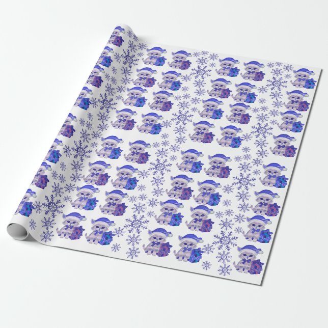 Papel de embrulho azul para gatos de Natal (Desenrolado)