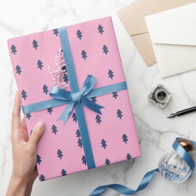 Papel de embrulho azul rosa árvore de Natal simple (Presentear)
