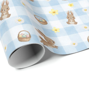 Papel de embrulho azul xadrez coelho da Páscoa