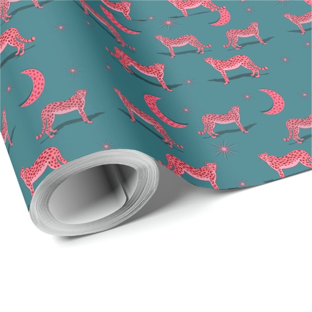 Papel de embrulho Boho Cheetah Verde-azulado e Lua (Ponta do rolo)